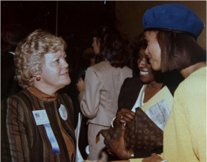 Joyce Nalepka (left), Vonneva Pettigrew (center), and an unidentified (but supremely stylish) woman at an NFP luncheon in the 1980s. Note Pettigrew's LV clutch! Girl had style!